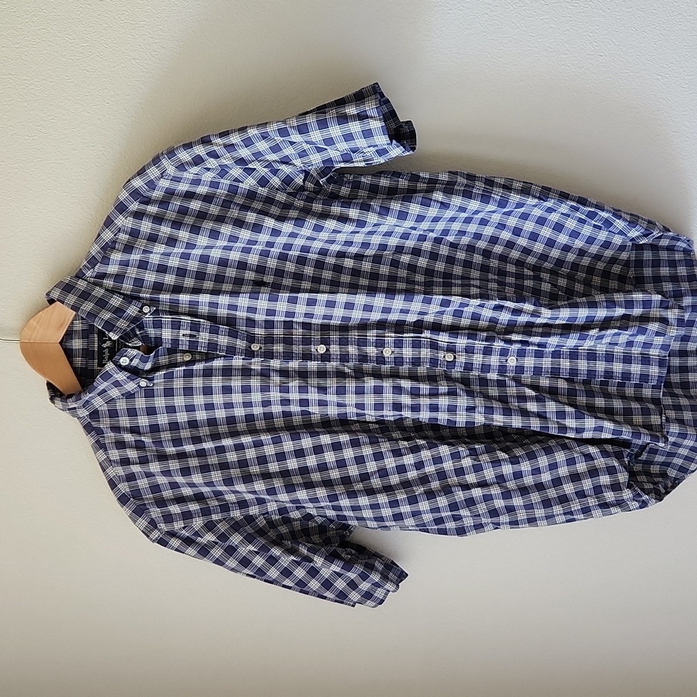 Ralph Lauren Blake blue grey checkered short sleeve shirt men Sz L 100% Cotton